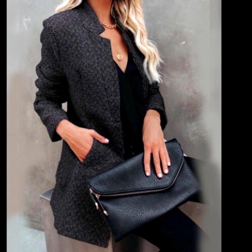 Stylish Black Coat Tweed Long Sleeve Pockets Lined Trench Style Coat